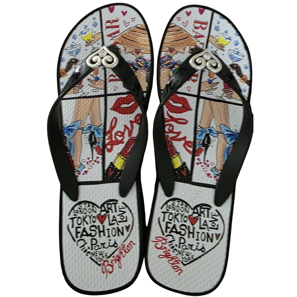 Brighton Fashion Art Flip Flop Sandals Black Wedge Thong Heart Hardware Women
